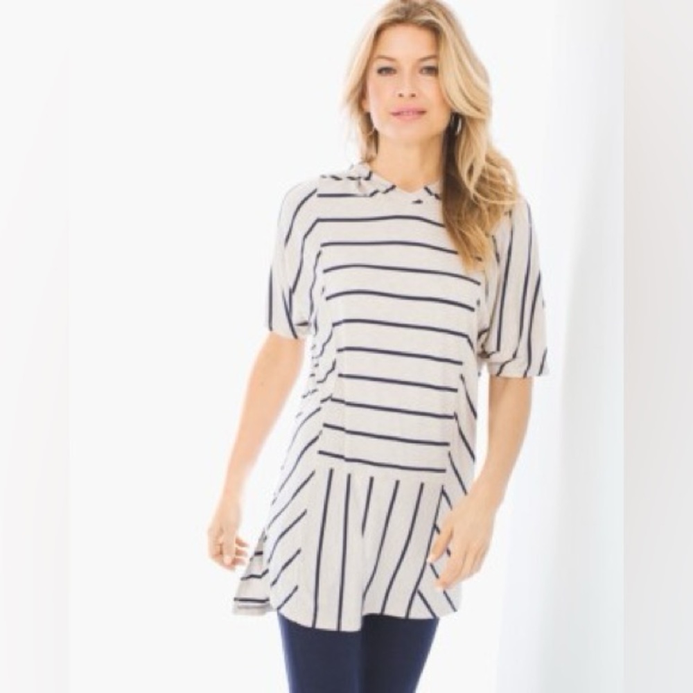 Chico's Zenergy Striped Hooded Short Sleeve Top - Size S - NWOT